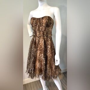 A.B.S. Allen Schwartz Silk Leopard Print Metallic Gold Strapless Party Dress 2